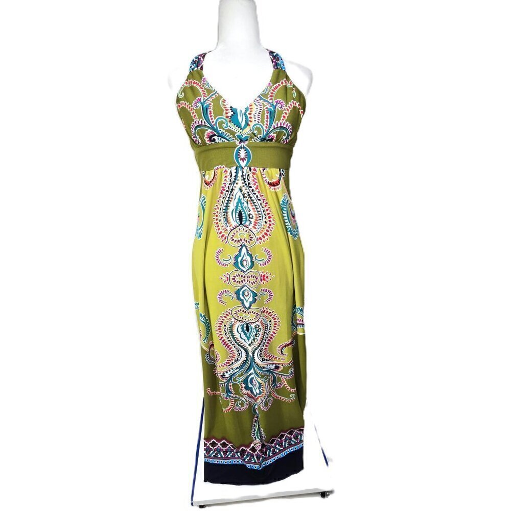Valerie Bertinelli YK Apple Green Paisley Dashiki Halter Empire Maxi Dress